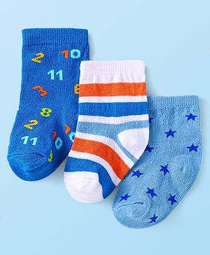 Cute Walk by Babyhug Cotton Lycra Knit Anti-bacterial Socks Strips Stars & Numeric Design Pack of 3 - Blue White & Light Blue