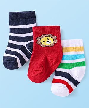 Cute Walk by Babyhug Knit Ankle Length Striped Socks With Lion Design Pack of 3 - Navy Blue Red & White