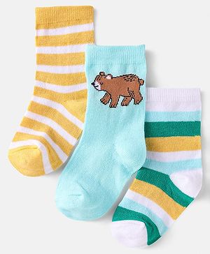 Cute Walk by Babyhug Knit Ankle Length Striped Socks With Bear Design Pack of 3 - White Light Blue & Yellow
