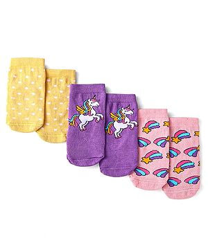 Cute Walk by Babyhug Knit Ankle Length Socks With Polka Dot & Unicorn Design - Yellow Purple & Pink