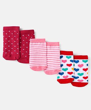 Cute Walk by Babyhug Cotton Knit  Anti-Bacterial Ankle Length Stripe & Heart Designed Socks Pack of 3 - Pink & Red