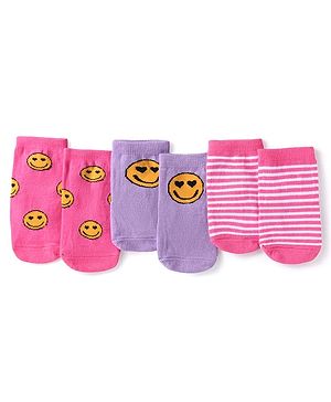 Cute Walk by Babyhug Knit Ankle Length Socks With Smiley Design Pack of 3 - Dark Pink & Purple