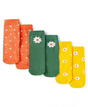 Cute Walk by Babyhug Knit Ankle Length Socks With Polka Dot & Floral Design Pack of 3 - Orange Green & Yellow