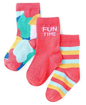 Cute Walk by Babyhug Knit Ankle Length Striped Socks With Text Design Pack of 3 - Dark Pink