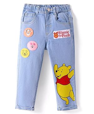 Babyhug Disney Knit Full Length Denim Jeans With Winnie The Pooh Graphics & Patch - Light Blue