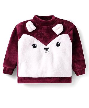 Babyhug Cotton Knit Full Sleeves Sweatshirt With Animal Graphics - Maroon & White