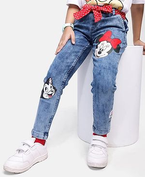 Babyhug Disney Knit Full Length Denim Jeans With Belt & Minnie Mouse & Friends Graphic - Blue