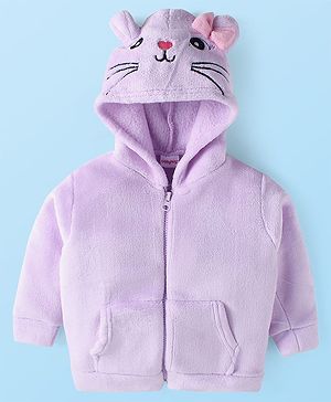 Babyhug Cotton Knit Full Sleeves Hooded Sweatjacket with Cat Print & Kangaroo Pockets - Lilac