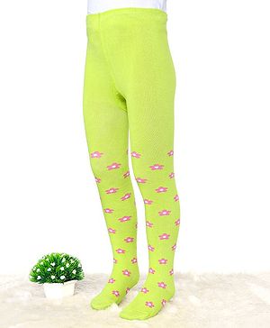 Cute Walk by Babyhug Cotton Elastane Antibacterial Footed Tights Floral Design - Neon Green
