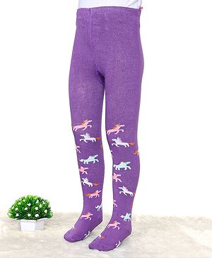 Cute Walk by Babyhug Cotton Elastane Antibacterial Footed Tights Unicorn Design - Purple