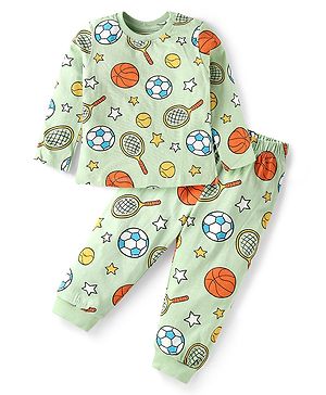 Babyhug Cotton Knit Full Sleeves Football Printed Night Suit - Light Green