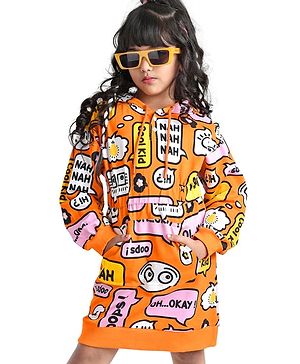 Ollington St. 100% Cotton Full Sleeves Hooded Sweatshirt Dress Text Print - Orange