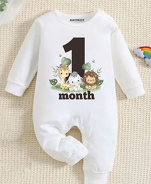 KNITROOT Mix Animal Theme Full Sleeves 1 Month Text Printed Romper - White