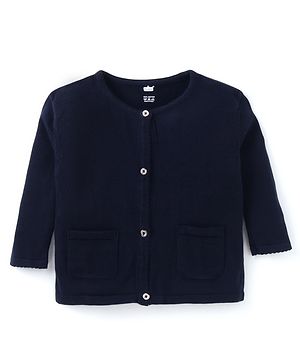 Simply Knitted Full Sleeves Solid Colour Front Open Sweater - Navy Blue