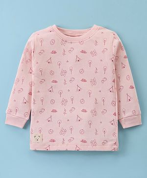 Ollypop Cotton Full Sleeves Thermal Inner Wear with Camping Theme Print & Bear Patch Detailing - Pink