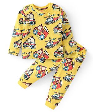 Babyhug Cotton Knit Full Sleeves Night Suit With Vehicles Print - Yellow