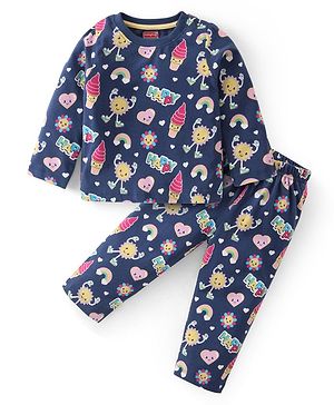 Babyhug Cotton Knit Full Sleeves Night Suit With Doodles & Hearts Print - Navy