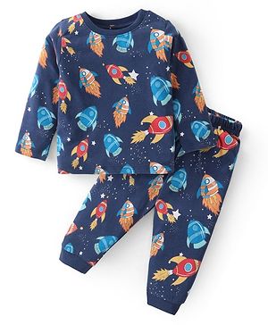 Babyhug Cotton Knit Full Sleeves Night Suit With Space Rockets Print - Navy