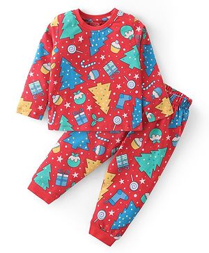 Babyhug Cotton Knit Full Sleeves Night Suit With Christmas Theme Print - Red