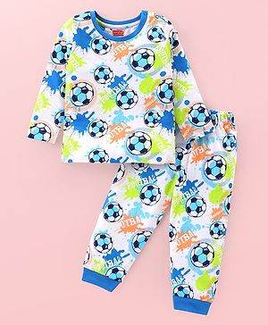 Babyhug Cotton Knit Full Sleeves Night Suit With Footballs Print - Off White