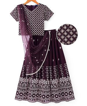 Pine Kids Woven Half Sleeves Sequin Embroidered Choli Lehenga Set with Dupatta - Wine