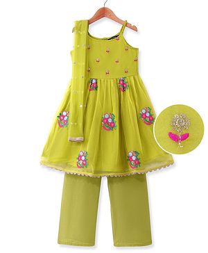 Pine Kids Woven Sleeveless Floral Embroidered  Kurti & Churidar Salwar Set with Dupatta - Lime green