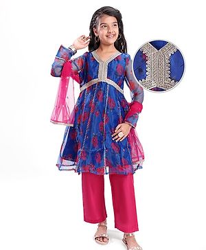 Pine Kids Woven Full Sleeves Floral Printed Kurta Palazzo Set with Dupatta & Lace Detailing - Royal Blue