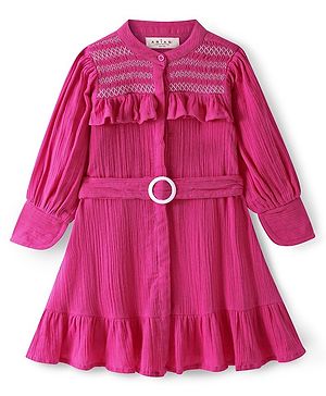 Arias Cotton Woven Full Sleeves Double Gauze  Solid Colour Ruffled Dress with Fabric Belt Frill & Smocking Detailing - Dark Pink