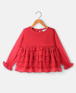 Arias Georgette Woven Full Sleeves Layered Ruffle Tops With Lining - Red