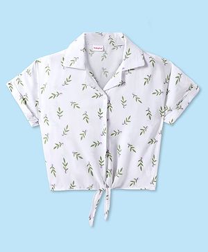 Babyhug Rayon Woven Half Sleeves Collared Top with Leaves Print - White