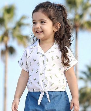 Babyhug 100% Cotton Woven Half Sleeves Collared Top with Leaves Print - White