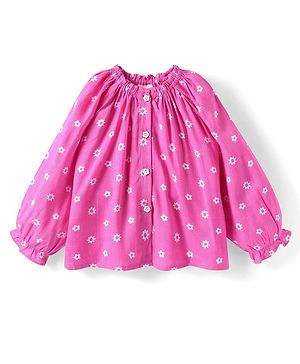 Babyhug Rayon Woven Full Sleeves Top with Foral Print - Dark Pink