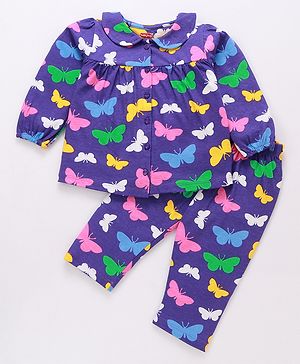 Babyhug Cotton Knit Full Peasant Sleeves Butterfly Printed Night Suit with Frill Detailing -Violet