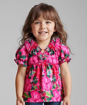 Babyhug Rayon Woven Half Puffed Sleeves Top With Floral Print - Dark Pink