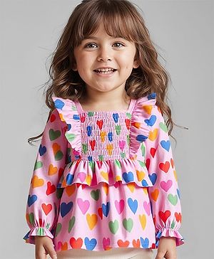 Babyhug Rayon Woven Full Peasant Sleeves Heart Printed Top with Frill Detailing - Pink Red & Blue