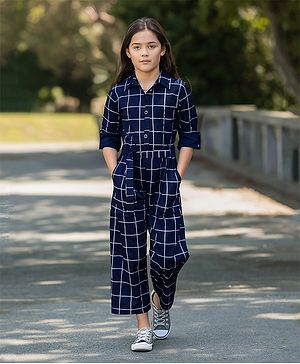 Naughty Ninos Rayon Full Sleeves Checked Jumpsuit - Navy Blue