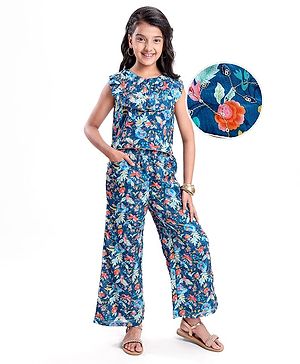Pine Kids Woven Sleeveless Floral Sequin Embroidered Top & Palazo Set with Frill Detailing - Navy Blue