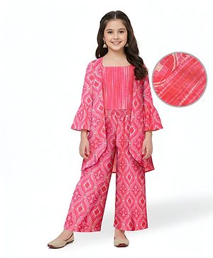 Pine Kids Woven Sequin Embroiderd Top & Palazzo Set with Three Fourth Sleeves Jacket - Dark Pink