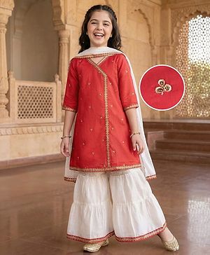 Pine Kids Woven Three Fourth Sleeves Floral Embroidered Kurta Gharara & Dupatta Set with Lace Detailing - Red