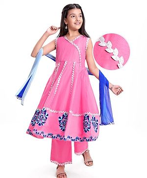Pine Kids  Woven Sleeveless Kurti & Churidar with Dupatta Set Floral Embroidery - Dark Pink