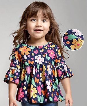 Babyhug Rayon Woven Full Flared Sleeves Top With Floral Print - Blue & Pink