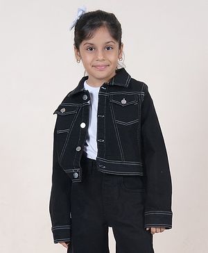 Kiddopanti Full Sleeve Light Washed Crop Denim Jacket -  Black