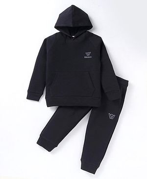 Rikidoos Full Sleeve Hooded Sweatshirt With Brand Name Logo & Jogger Pant - Black - 6 - Embosis Hosiery - (6 to 7 Years)