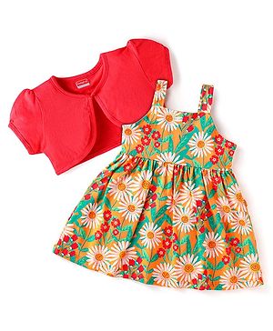 Babyhuhg Cotton Knit Sleeveless Frock & Half Sleeves Shrug With Floral Print - Peach