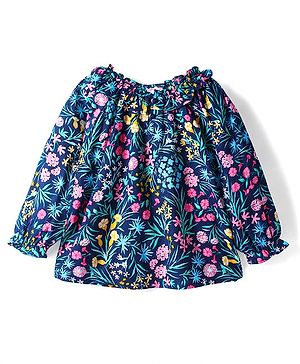Babyhug Rayon Woven Full Sleeves Top With Floral Print - Navy Blue