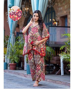 Aujjessa Cotton Batwing Sleeves Floral Printed & Lace Embellished Maternity Feeding Night Suit with Concealed Zipper Nursing Access  Red Multi