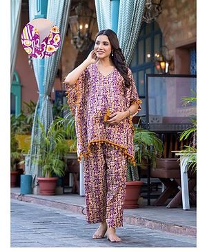 Aujjessa Cotton Batwing Sleeves Ethnic Printed & Lace Embellished Maternity Feeding Night Suit with Concealed Zipper Nursing Access  Purple Mustard