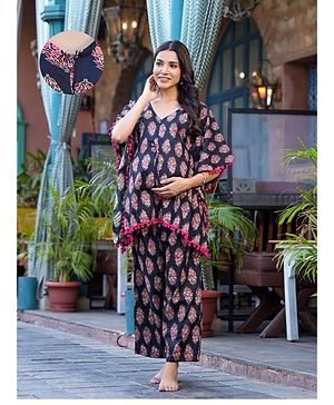 Aujjessa Cotton Batwing Sleeves Floral Printed & Lace Embellished Maternity Feeding Night Suit with Concealed Zipper Nursing Access  Black Fuchsia