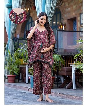 Aujjessa Cotton Batwing Sleeves Floral Printed & Lace Embellished Maternity Feeding Night Suit with Concealed Zipper Nursing Access  Maroon Grey