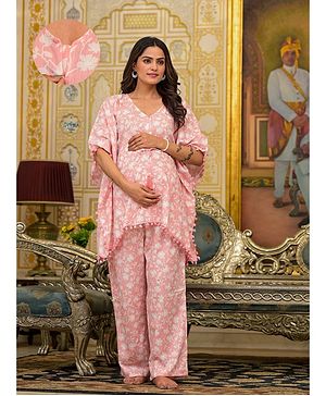 Aujjessa Cotton Batwing Sleeves Floral Printed & Lace Embellished Maternity Feeding Night Suit with Concealed Zipper Nursing Access  Light Pink